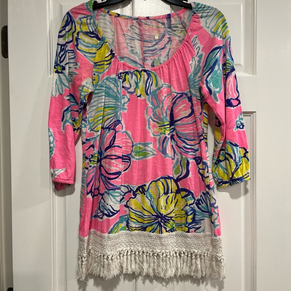 Lilly Pulitzer Pink, Blue & White Striped Floral Tee with Gold Logo